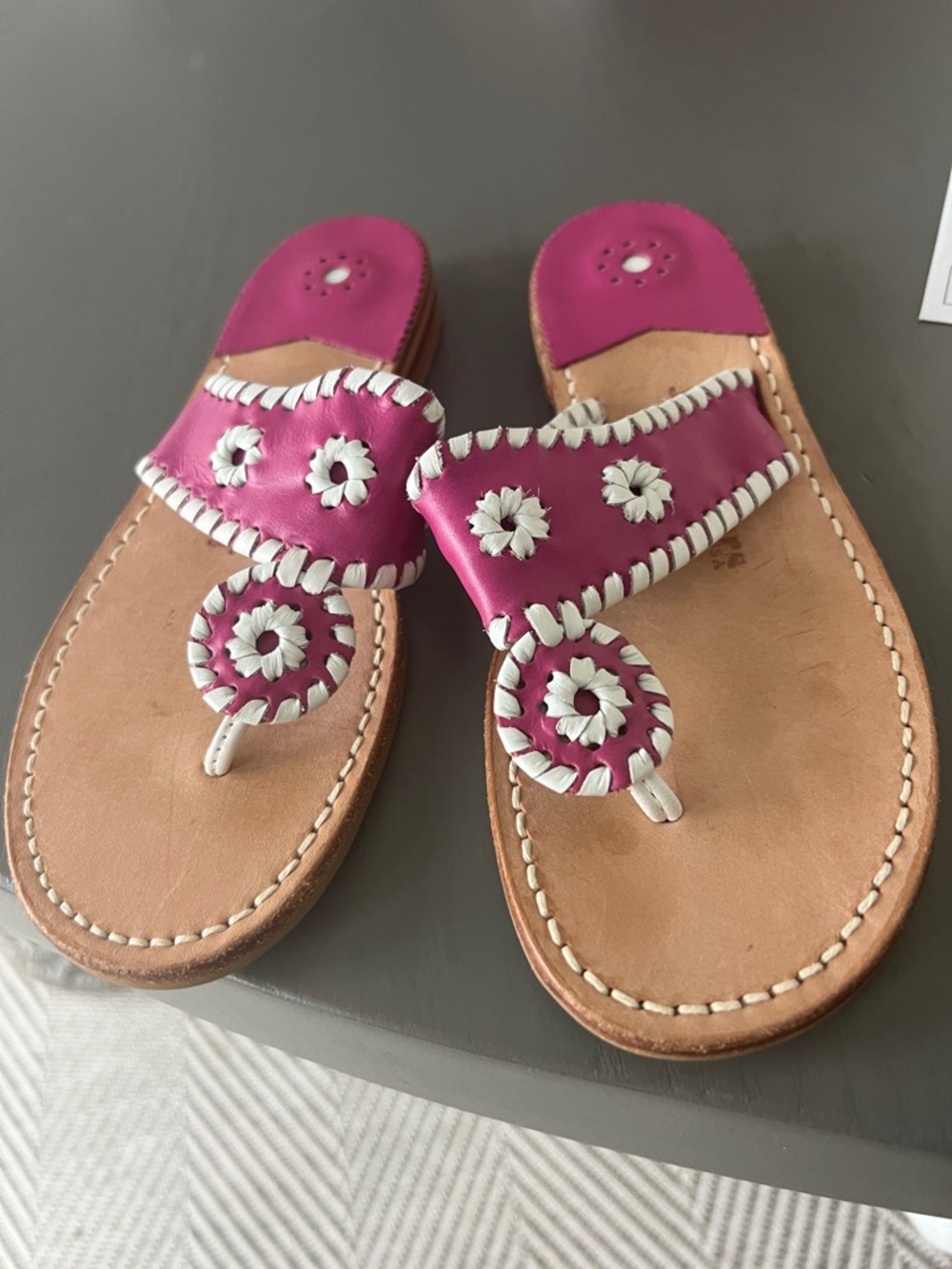 Jack Rogers Pink Leather Toe-Post Sandals with White Whipstitch